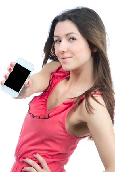 Γυναίκα που δείχνει η οθόνη του το νέο αφής κινητό τηλέφωνο κυττάρων — Φωτογραφία Αρχείου