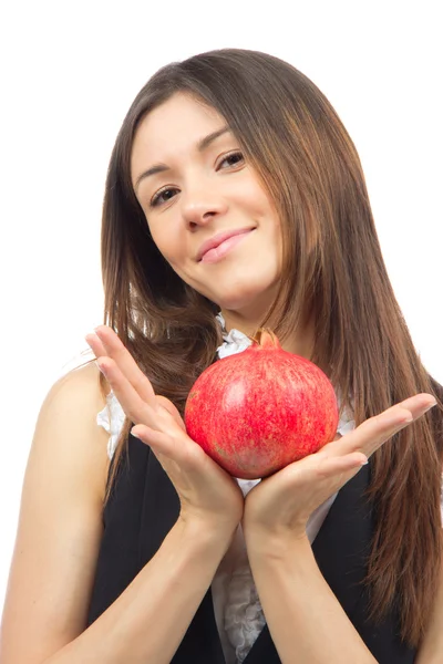 Žena Ukázat granátové jablko ovoce — Stock fotografie