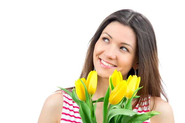 Frau mit gelben Tulpen Blumenstrauß — Stockfoto