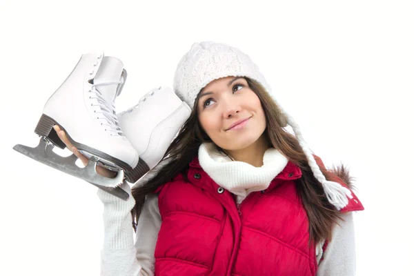 Pretty woman with ice skates winter — Stock Photo, Image