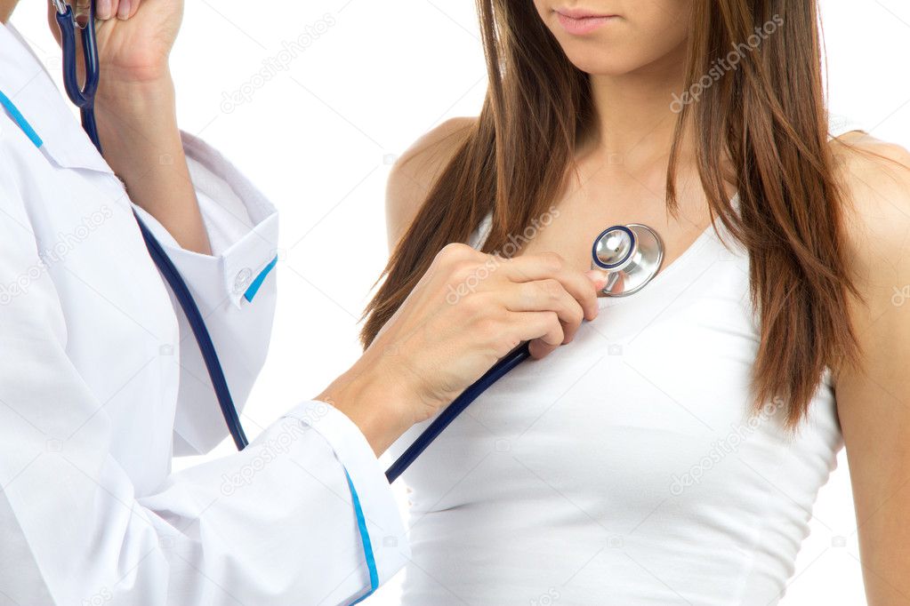 Doctor woman auscultating young patient