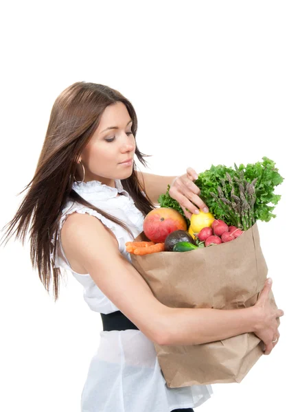 Žena držící nákupní tašky s potravinami — Stock fotografie