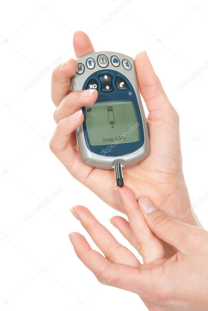 Patient measuring glucose level blood test