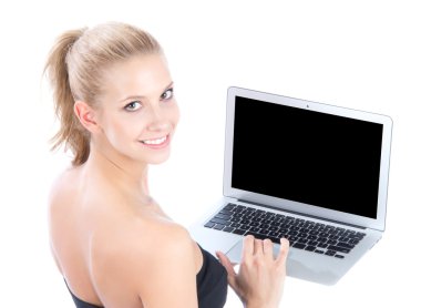 Business woman with new modern popular laptop keyboard clipart