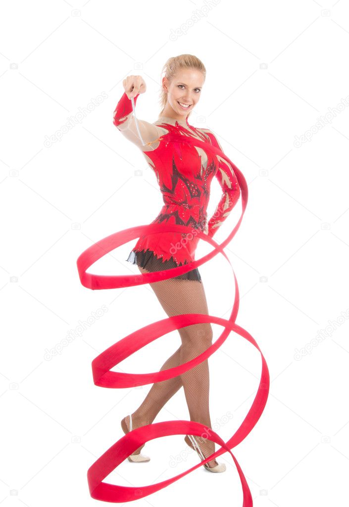 Slim flexible woman rhythmic gymnastics art dancer