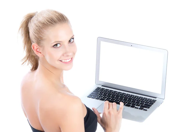 Γυναίκα των επιχειρήσεων με το νέο σύγχρονο δημοφιλές φορητό υπολογιστή πληκτρολόγιο — Φωτογραφία Αρχείου
