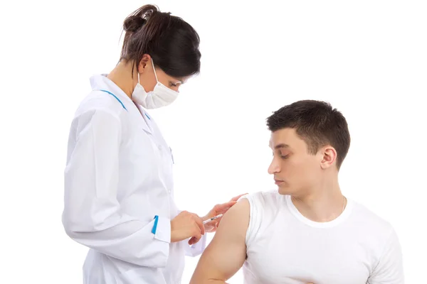 Woman give flu vaccination or insulin injection shot — Stock Photo, Image