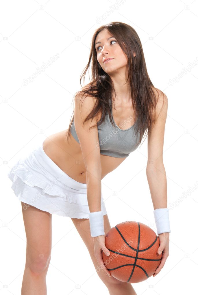 Pretty brunette woman hold Basketball ball in hand