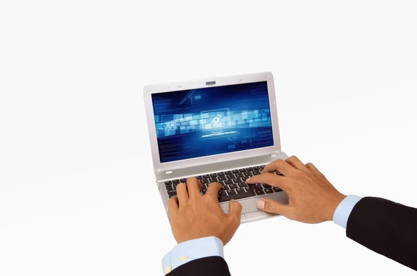 Biznesmen ręcznie za pomocą laptopa na białym tle — Zdjęcie stockowe