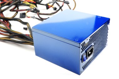 Modern powerful computer PSU isolated on white backgournd. clipart