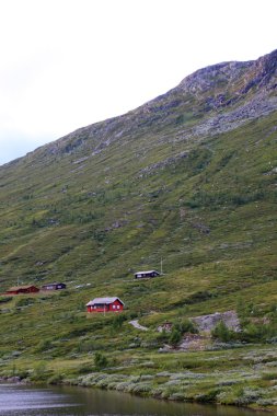 dağ manzarası ile Norveç'te evler. İskandinav Avrupa.