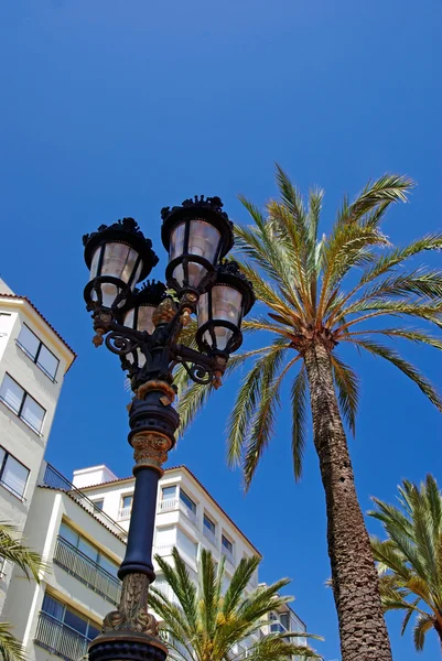Straat licht en palmen met luxeappartementen gebouw in backgr — Stockfoto
