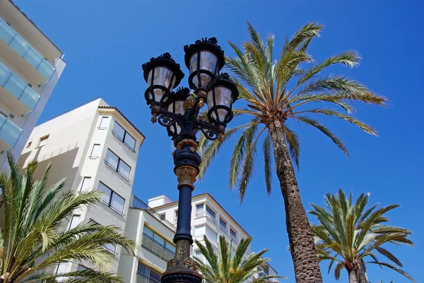 Réverbère et palmiers avec immeuble d'appartements de luxe à backgr — Photo
