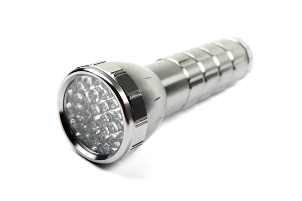 Moderne LED-Taschenlampe isoliert auf weißem Hintergrund. — Stockfoto