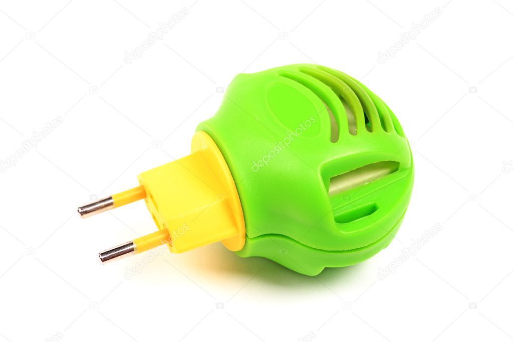 Green with yellow modern fumigator against insects isolated on w