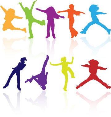 Set of colored active children vector silhouettes with reflectio