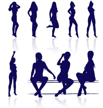 seksi kadın yansımaları ile poz, vector silhouettes.