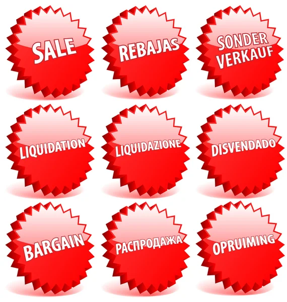 Conjunto de insignias de estrellas vectoriales 3D rojas con venta de palabras en diferentes lan — Vector de stock