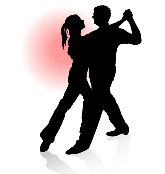 上を真っ赤な太陽とタンゴを踊るカップルのベクトル シルエット — ストックベクタ