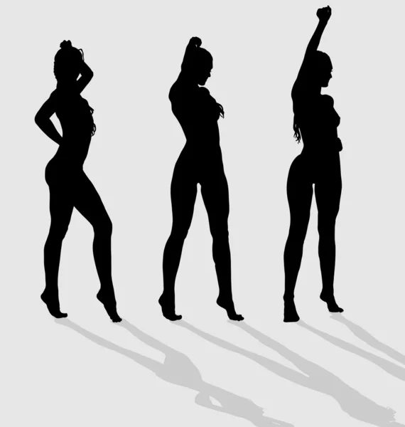 Vector silhouettes of three sexy female on gray background with — Stock Vector