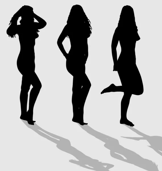 Vector silhouettes of three sexy female on gray background with — Stock Vector