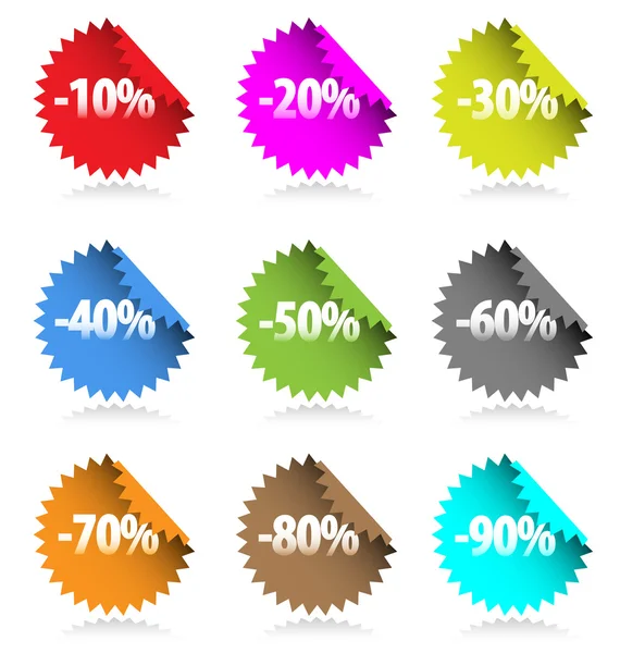 Verzameling van gekleurde korting stickers met percentage nummers. — Stockvector