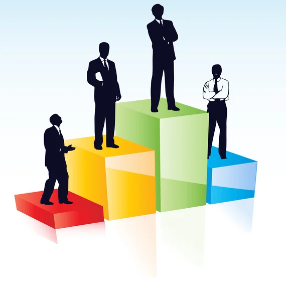 Business man manager vector illustration. Businessman winner people  award on pedestal. Competition pf corporate employee concept. Professional office male standing. Teamwork leadership. — Vettoriale Stock