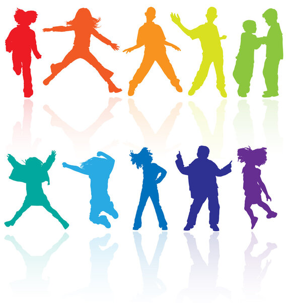 Set of colored dancing, jumping and posing teenagers vector silh