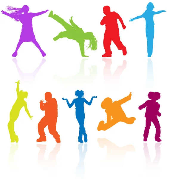 Set of colored dancing, jumping and posing teenagers vector silh — Stock Vector