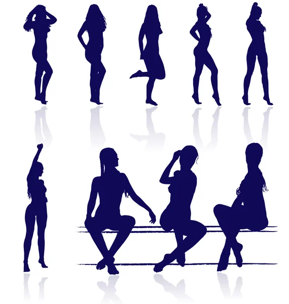 Silhouette vettoriali di sexy femminile in posa con riflessi . — Vettoriale Stock