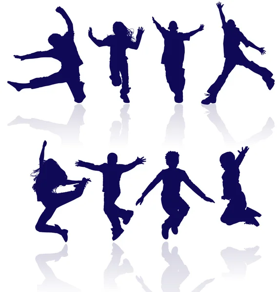 Silhouette vectorielle sautante garçons et filles avec reflets. — Image vectorielle