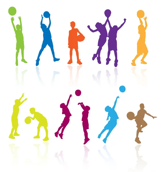 Atlama ve tașõma ile basketbol oynayan çocukların Silhouettes — Stok Vektör