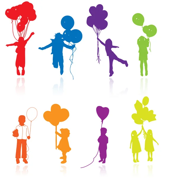 Farbig reflektierende Silhouetten von spielenden, springenden Kindern mit — Stockvektor