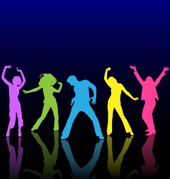 Männer und Frauen tanzen farbige Silhouetten mit Reflexionen auf — Stockvektor