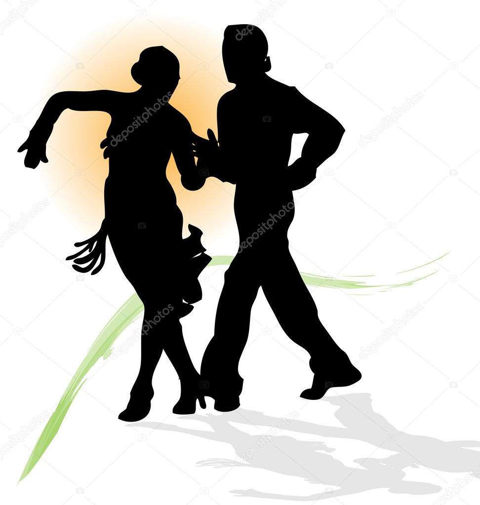 Vector silhouette of couple dancing latin with orange sun and gr