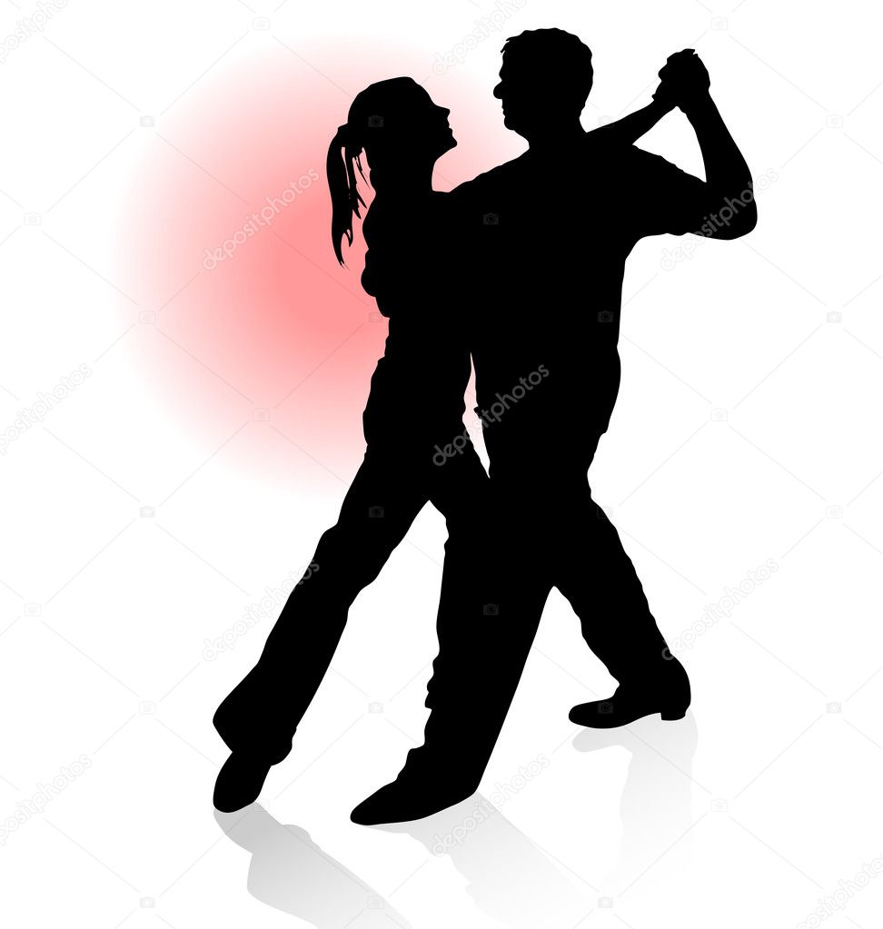 Vector silhouette of couple dancing tango with red sun on backgr