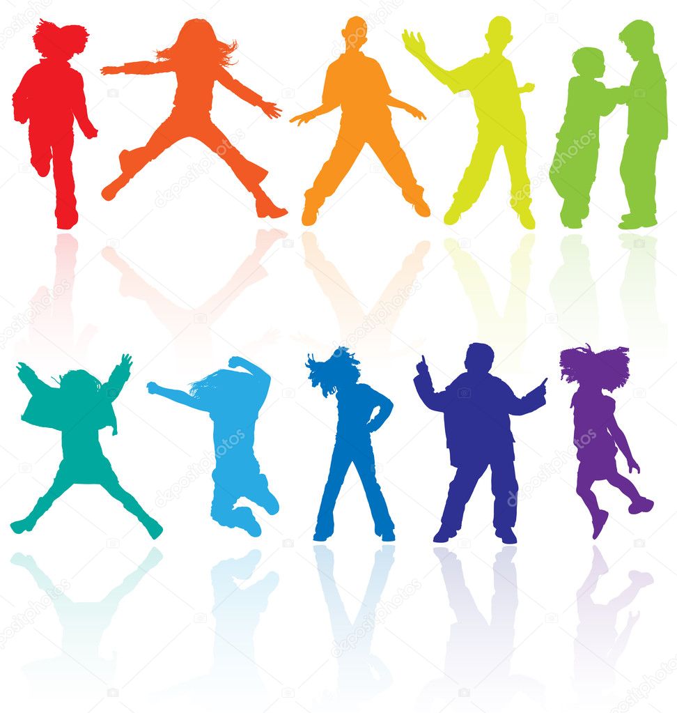 Set of colored dancing, jumping and posing teenagers vector silh