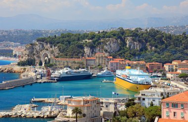 Harbor with luxury yachts, cruise ships of the city of Nice, Fra