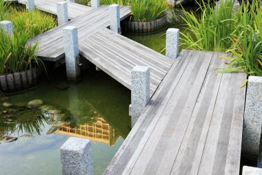 Wooden walkway in japanese garden in Monaco, Europe. clipart