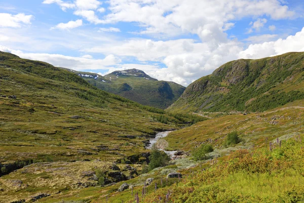 Vale de Beautifull profundo em montanhas norueguesas, terra escandinava — Fotografia de Stock