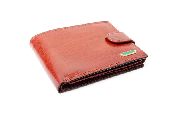 用上白色隔离的高品质皮革制的新棕色钱包 — 图库照片