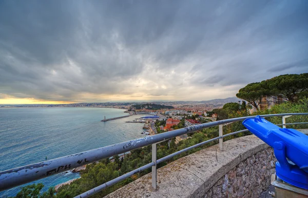 Wide angle panoramic view of harbor of Nice city, France. Dramat — Stock Photo, Image