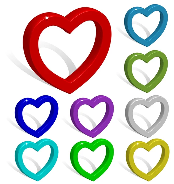 Collection of colored 3d vector hearts with shadows isolated on — Stock Vector