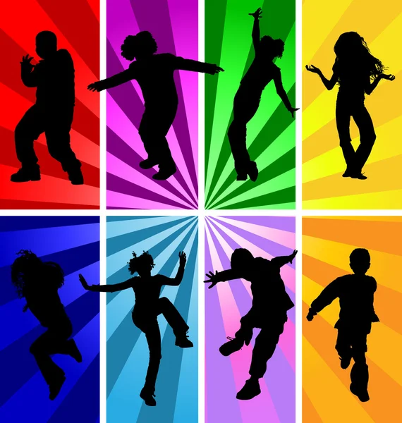 Vector silhouetten van springen en kinderen dansen in retro stijl. — Stockvector