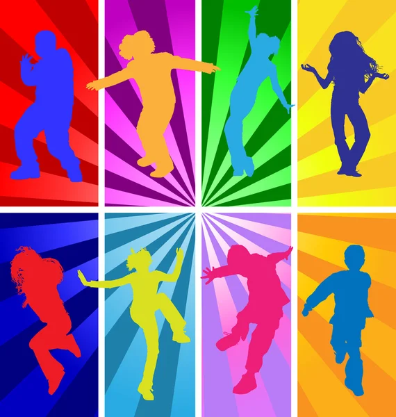 Silhouettes vectorielles d'enfants sautant et dansant dans un style rétro . — Image vectorielle