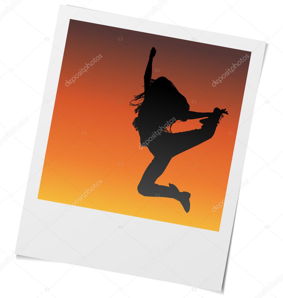 Vector photo frame of girl dancing and jumping in sunset light.