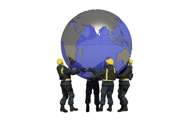 Un gruppo di lavoratori e il globo . — Foto Stock