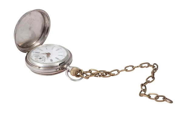 Reloj de bolsillo retro con cadena sobre fondo blanco — Foto de Stock