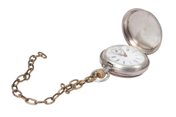 Relógio de bolso retro com uma corrente em um fundo branco — Fotografia de Stock