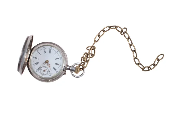 Beyaz zemin üzerinde bir zincir ile Retro cep saati — Stok fotoğraf